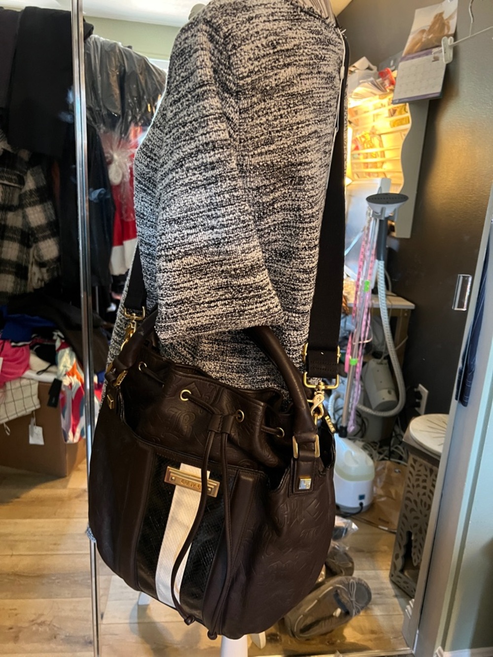 L.A.M.B. Rare bowling bag. Brown Leather Hobo, Black & Cream Center Stripe. EUC.